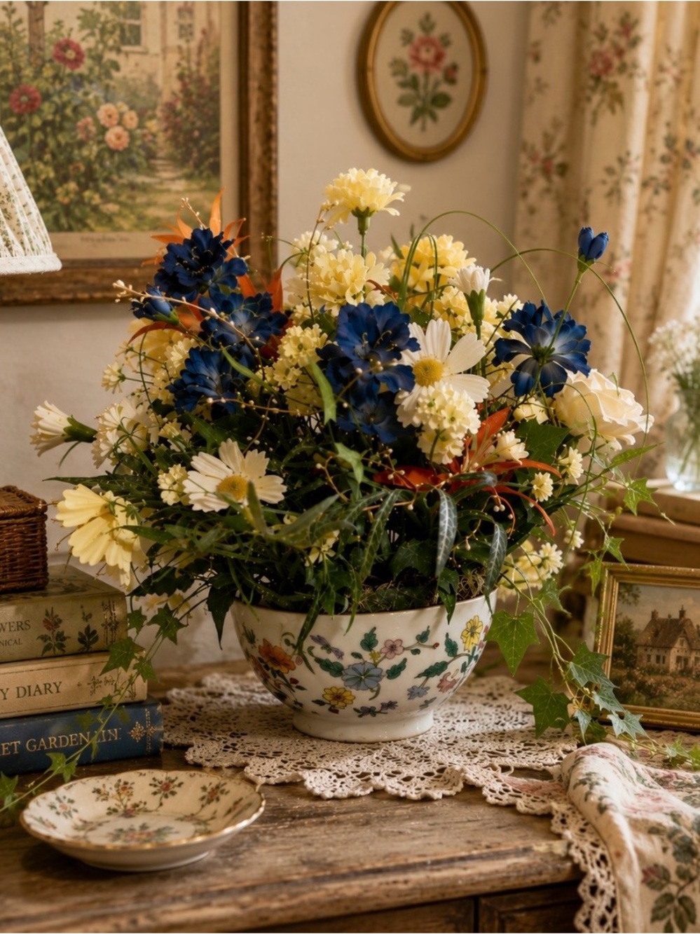 Grandmillennial Floral Arrangement in Decorative Porcelain Bowl English Country